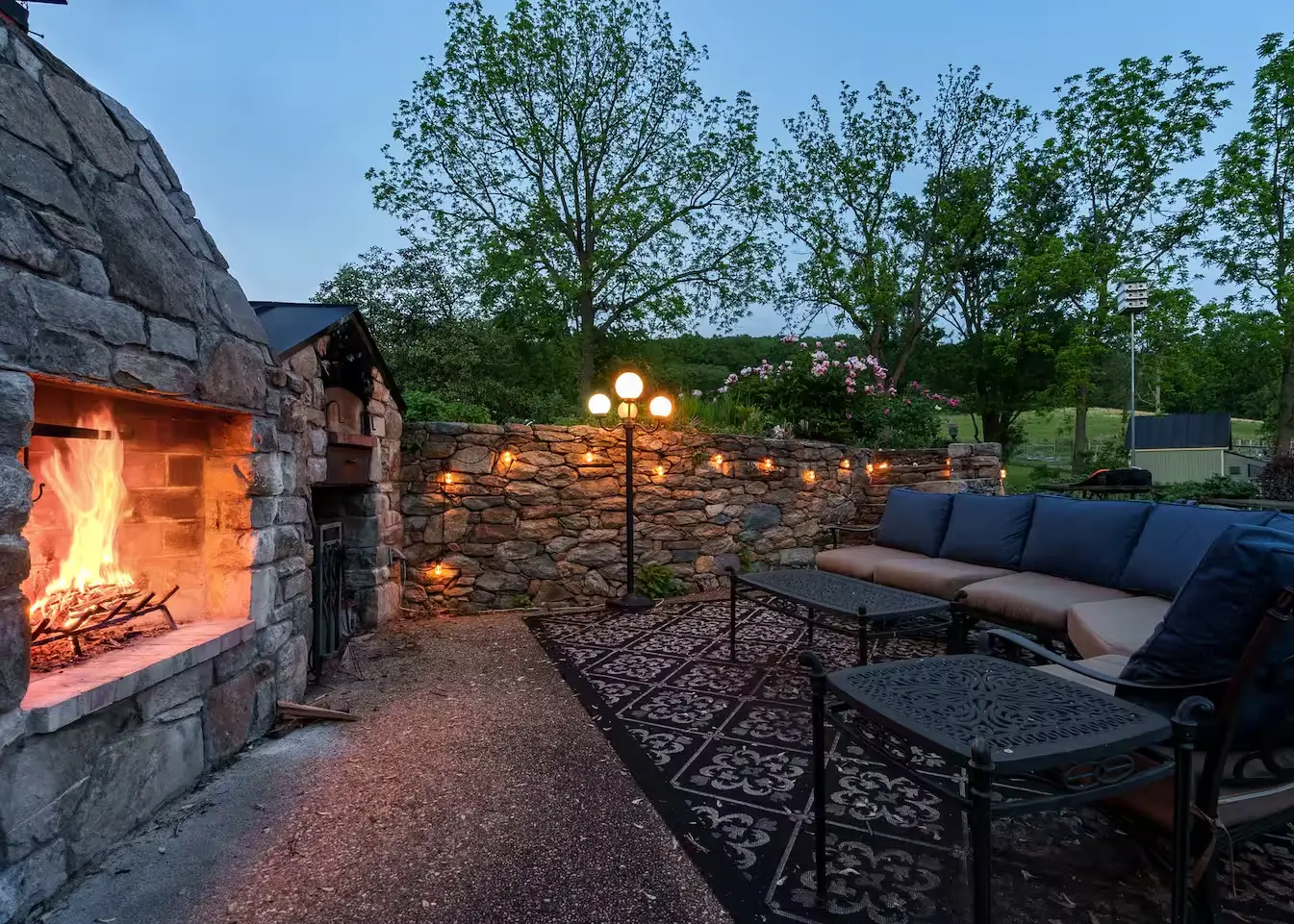 Jiya Vineyards patio and fireplace in the evening